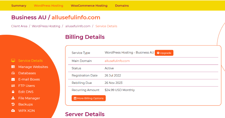 WPX hosting billing details