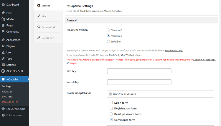 reCaptcha plugin settings