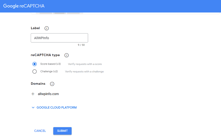 Register a new website to Google reCaptcha