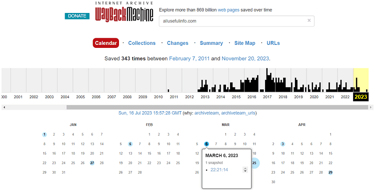 Historical version of a website at Wayback Machine