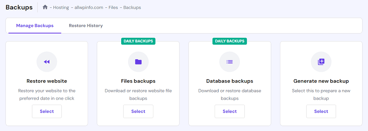 Restore backup feature at Hostinger