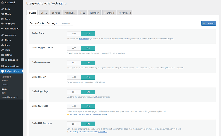 Litespeed cache plugin interface