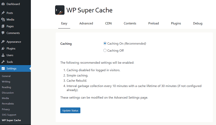 WP Super Cache plugin interface