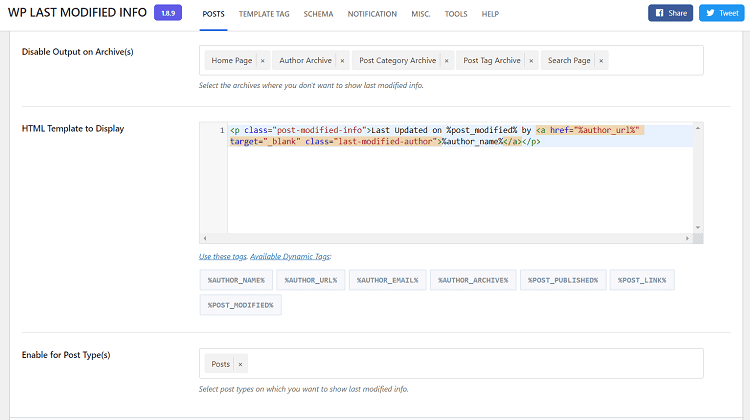 WP Last Modified Info posts settings
