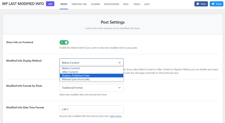 WP Last Modified Info Replace Publish Date setting