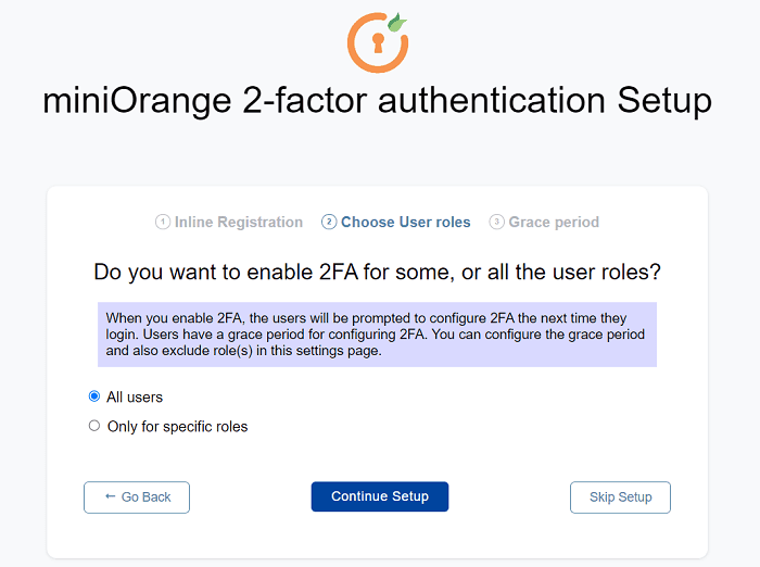 miniOrange 2FA setup Wizard