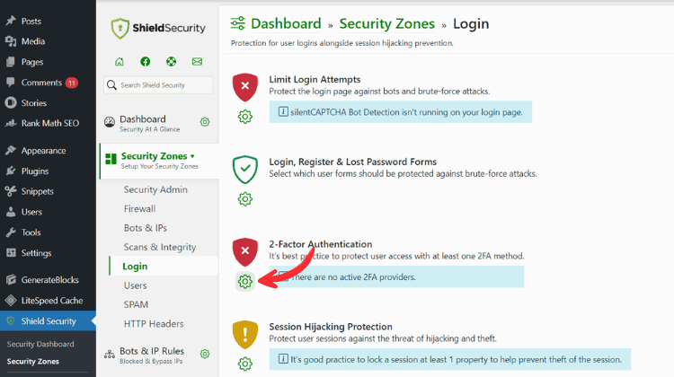 Shield security 2FA settings