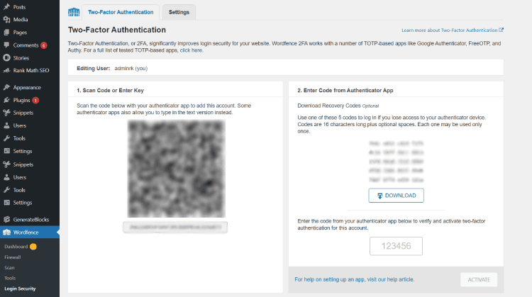 Wordfence 2FA setup