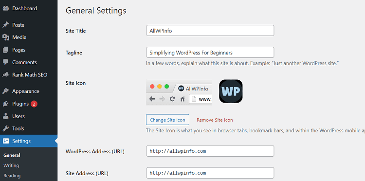 WordPress general settings