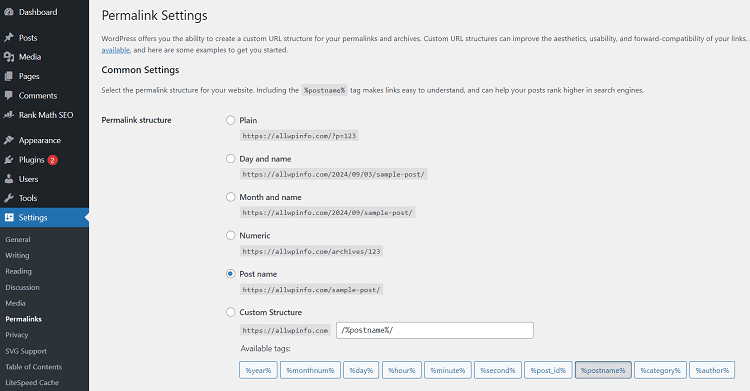 WordPress Permalinks Settings