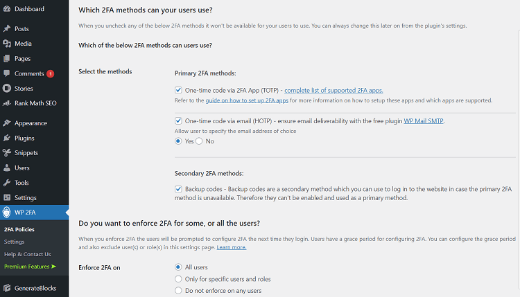 WP 2FA All Settings
