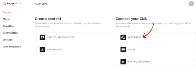 BeyondWords connect with WordPress