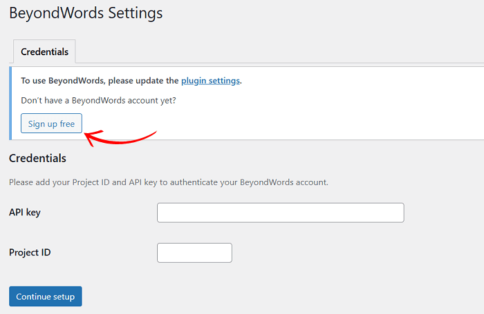 BeyondWords Settings Sign up button