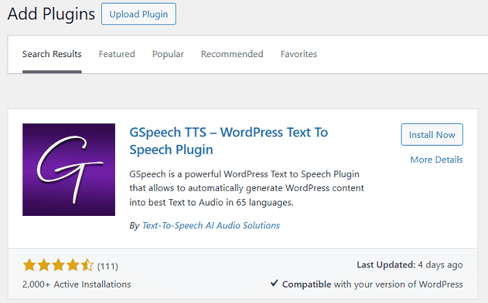 Install and activate GSpeech plugin