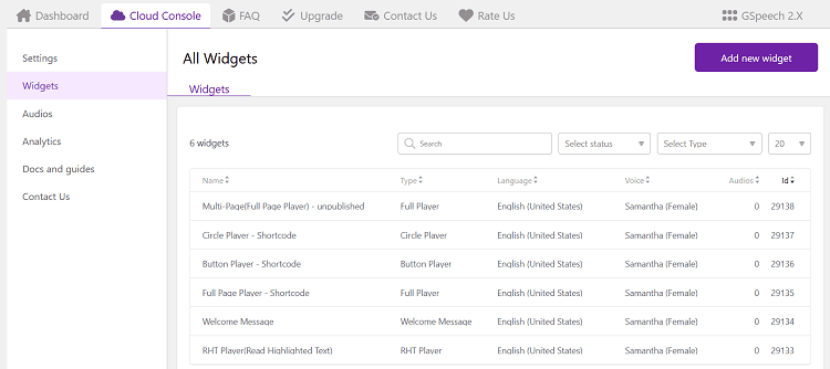 GSpeech Cloud Console Widgets