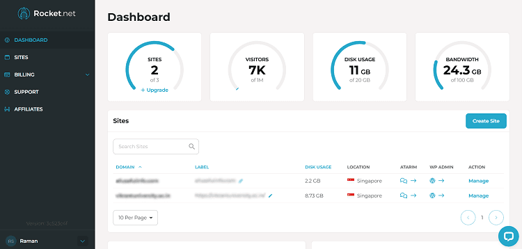 Rocket.net dashboard