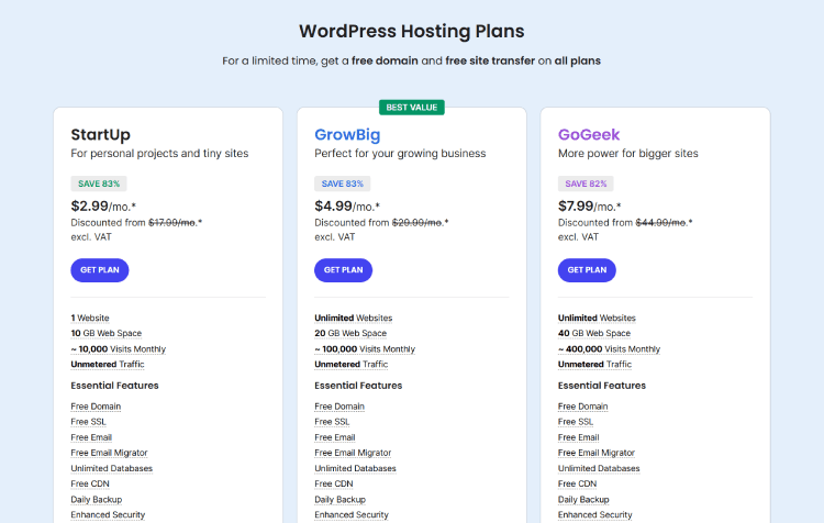 SiteGround managed WordPress hosting plans