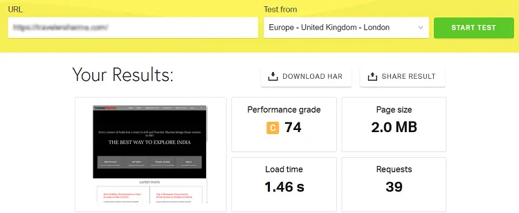 Website with default settings speed test Europe