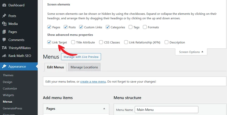 Link target WordPress menu