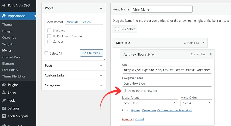 Open WordPress menu link in a new tab