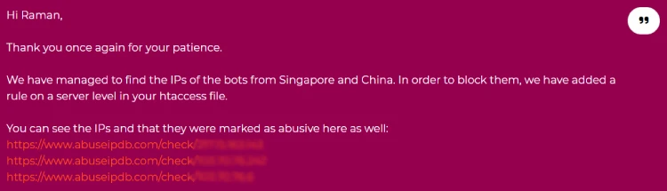 Hosting company blocked abusive IPs